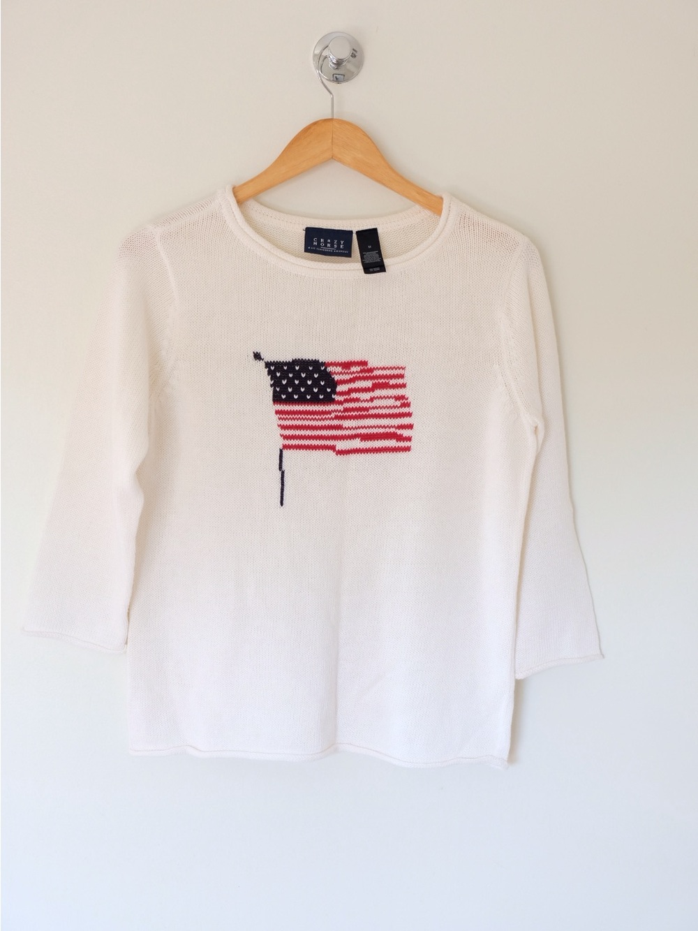 Vintage Liz Claiborne Crazy Horse Flag White Knit Sweater Heritage